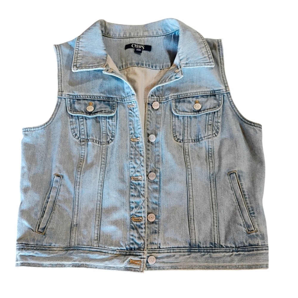 Chaps Womens Large Light Wash Denim Jean Vest Button Front Cotton Casual‎